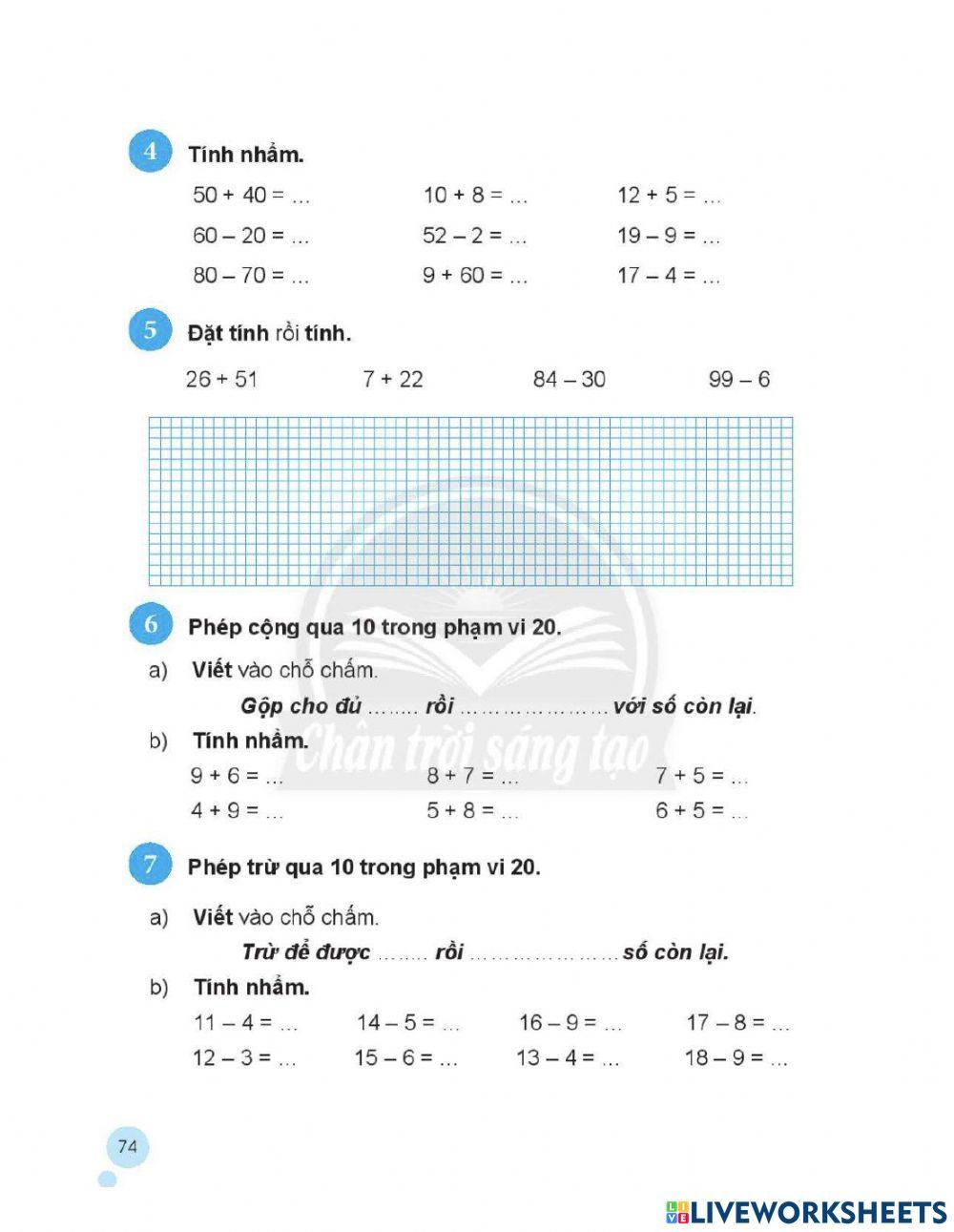 Phiếu bài tập toán trang 73,74 lớp 2
