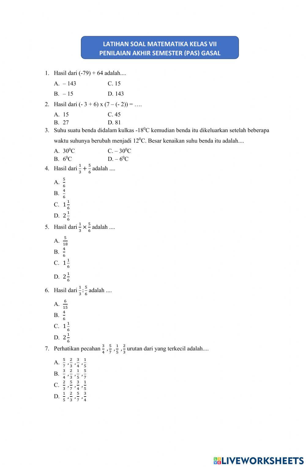 Latihan pas 1 matematika kelas 7