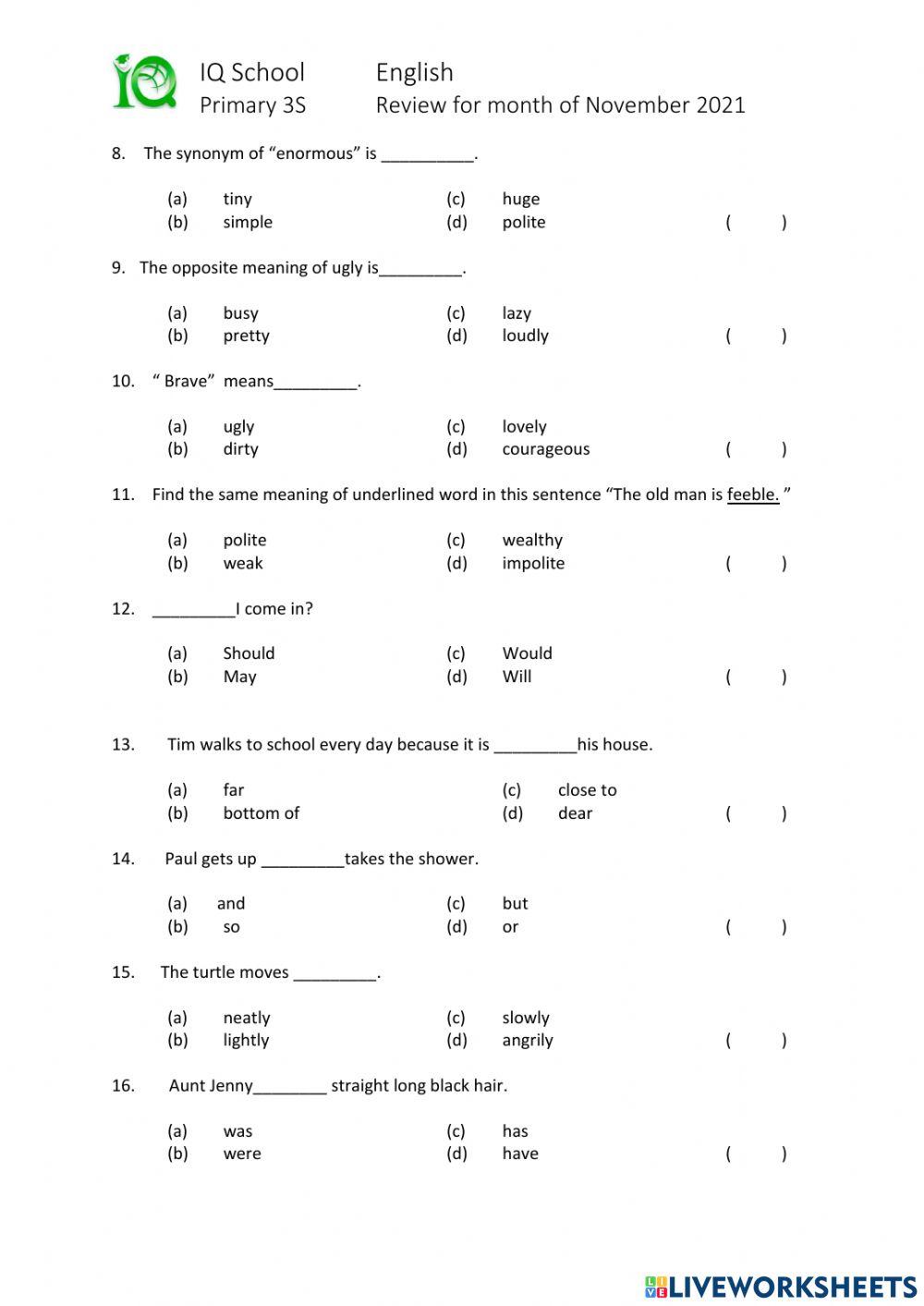 English Monthly Test- Standard-Nov