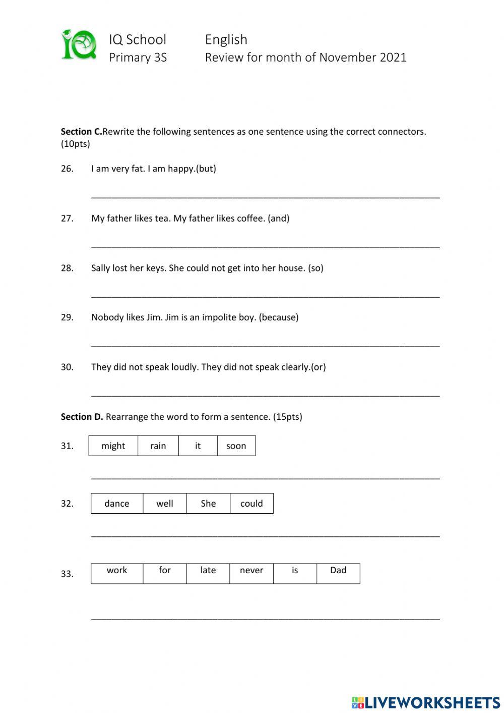 English Monthly Test- Standard-Nov