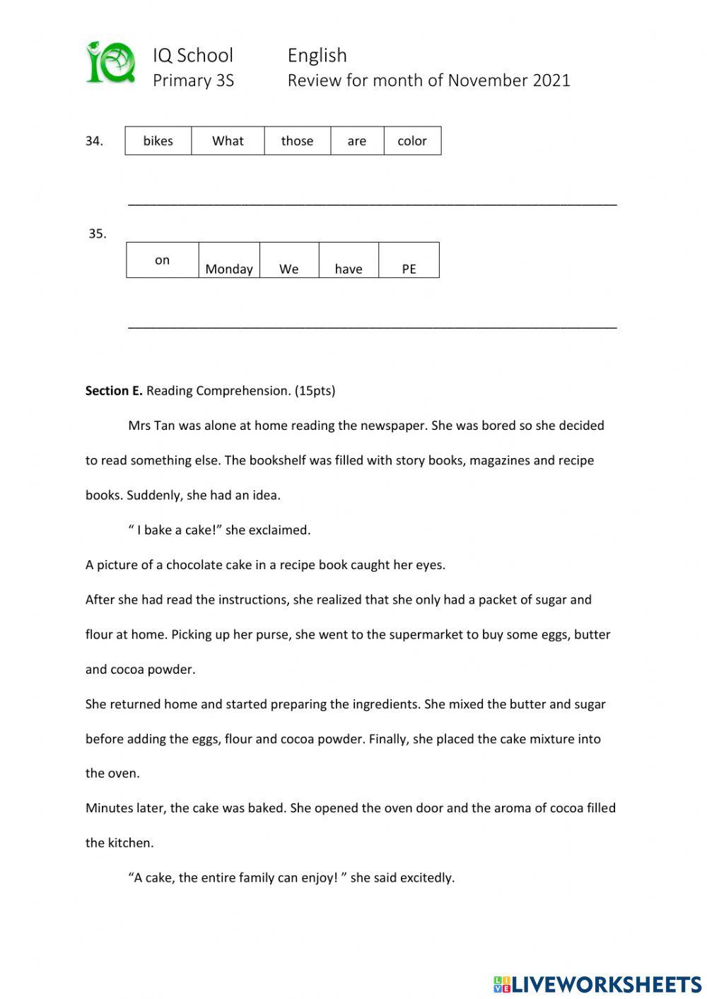 English Monthly Test- Standard-Nov