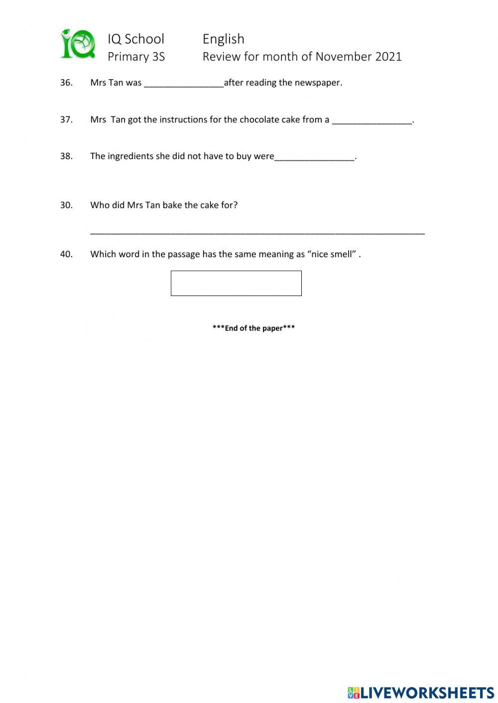 English Monthly Test- Standard-Nov