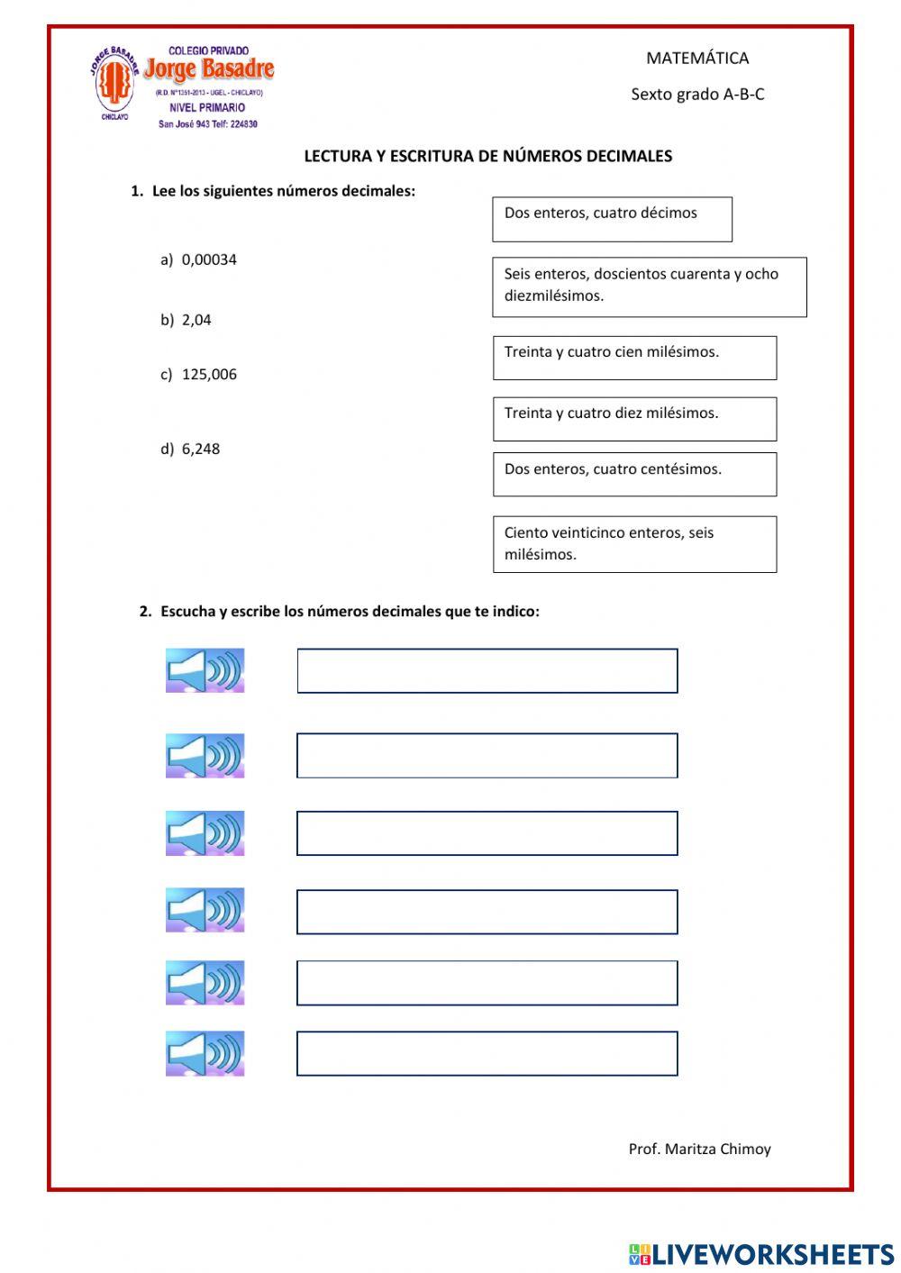 Lectura y escritura de Decimales Lectura y escritura de Decimales