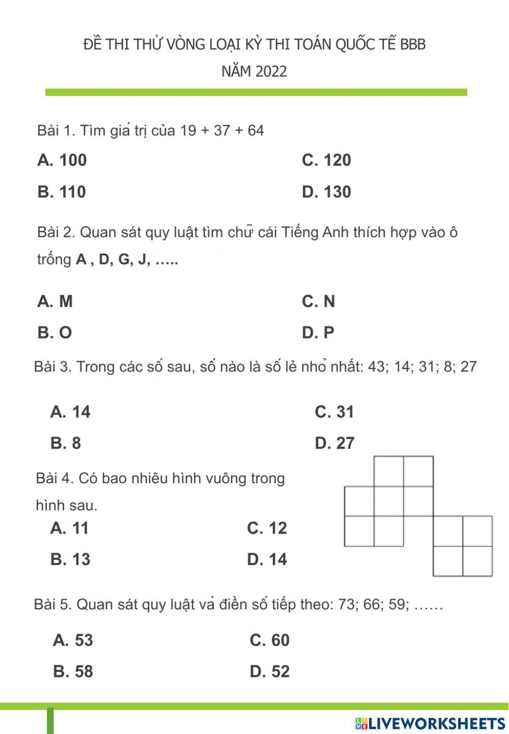 Đề thi thử Vòng loại toán BBB 2022