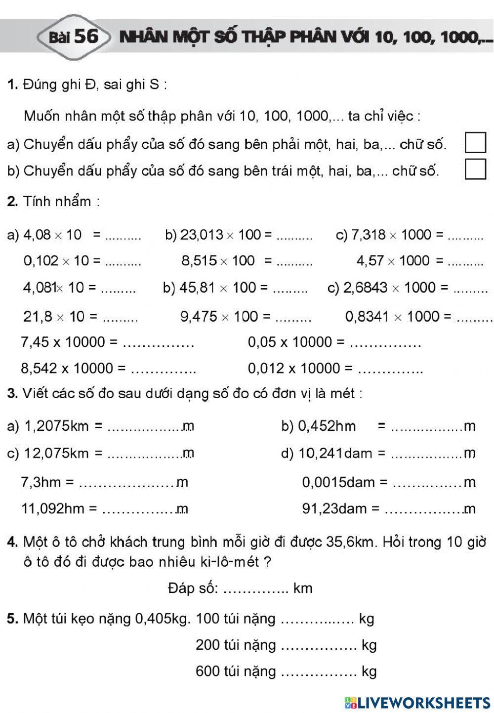 SBT Bài 56: Nhân 1 số thập phân với 10,100,1000,...