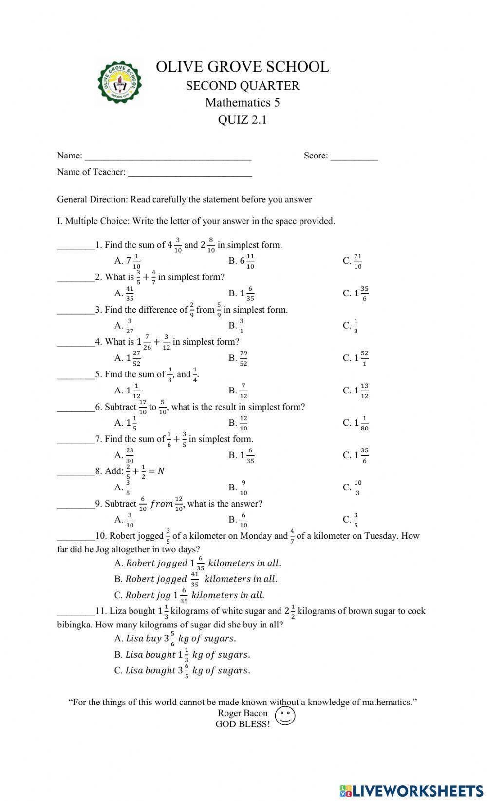 Quiz 2.1 in Mathematics 5