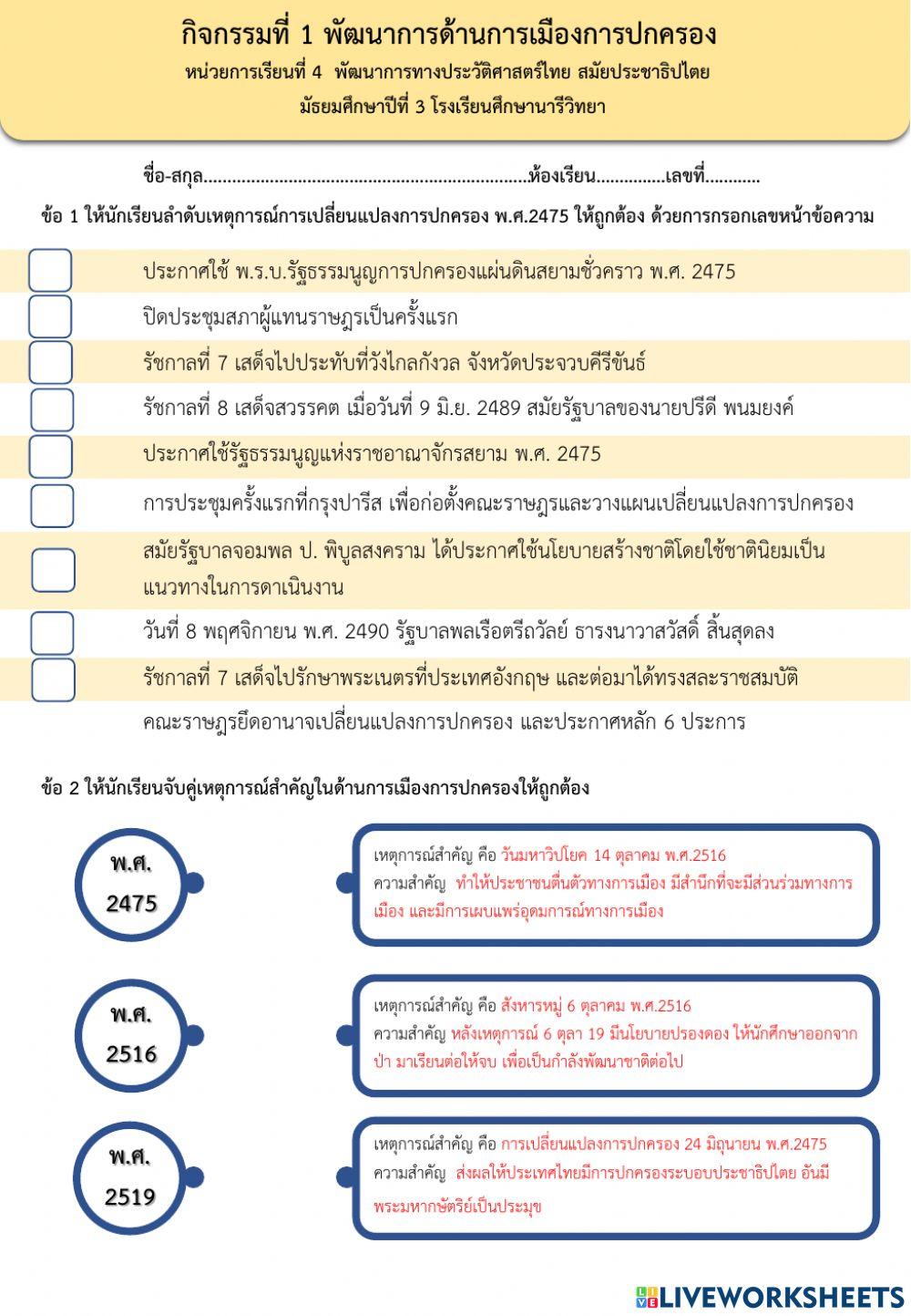 กิจกรรมที่ 1 พัฒนาการด้านการเมืองการปกครอง