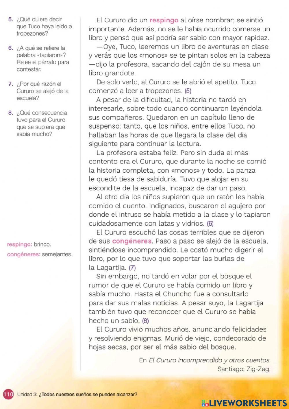 El cururo incomprendido-Tarea Lenguaje