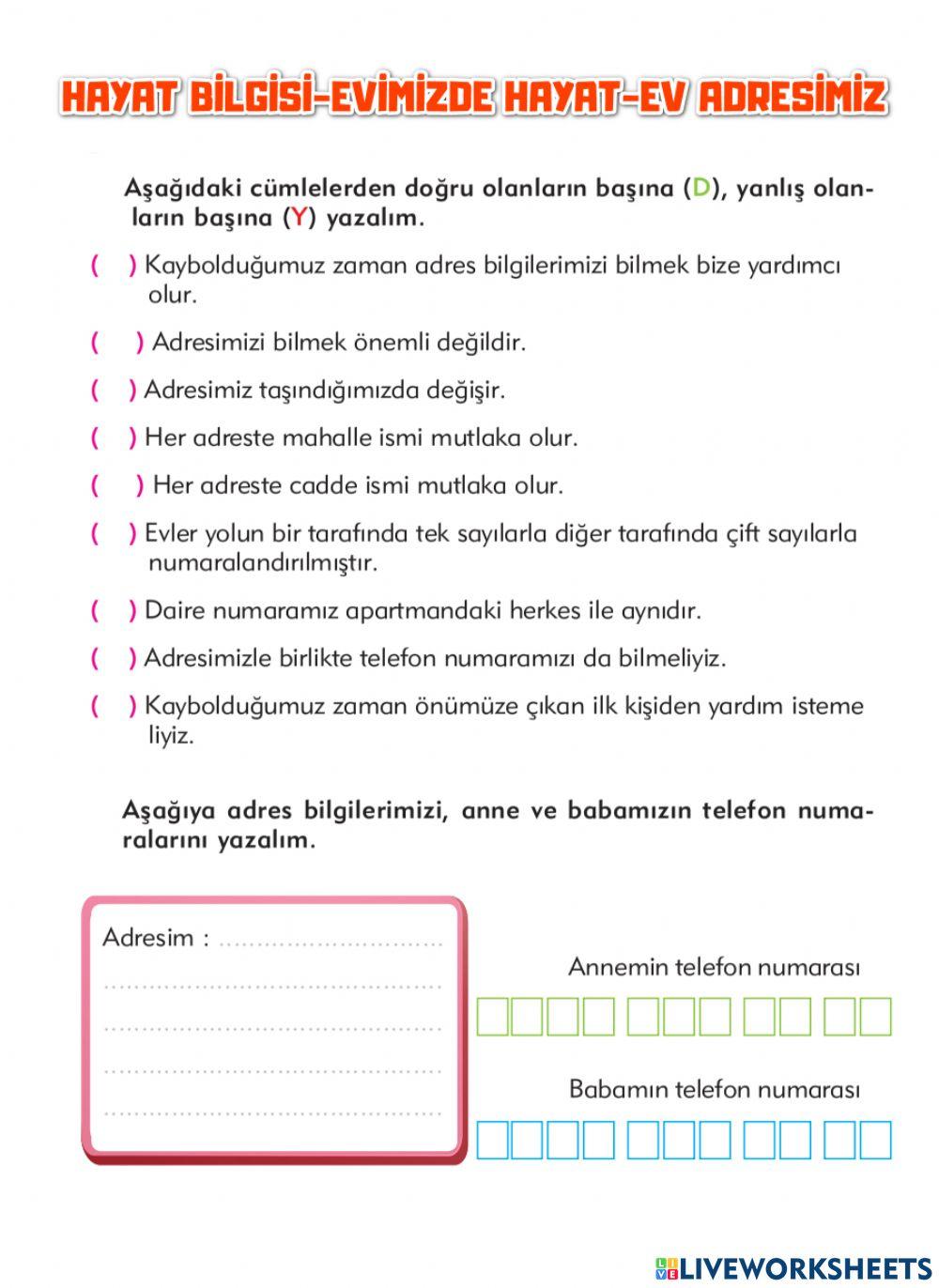 Hayat Bilgisi-Evimizde Hayat-Evimizin Adresi