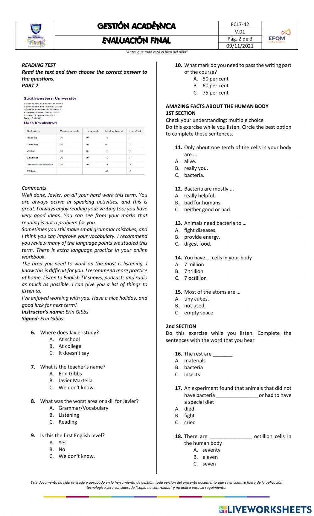 English final test 7a