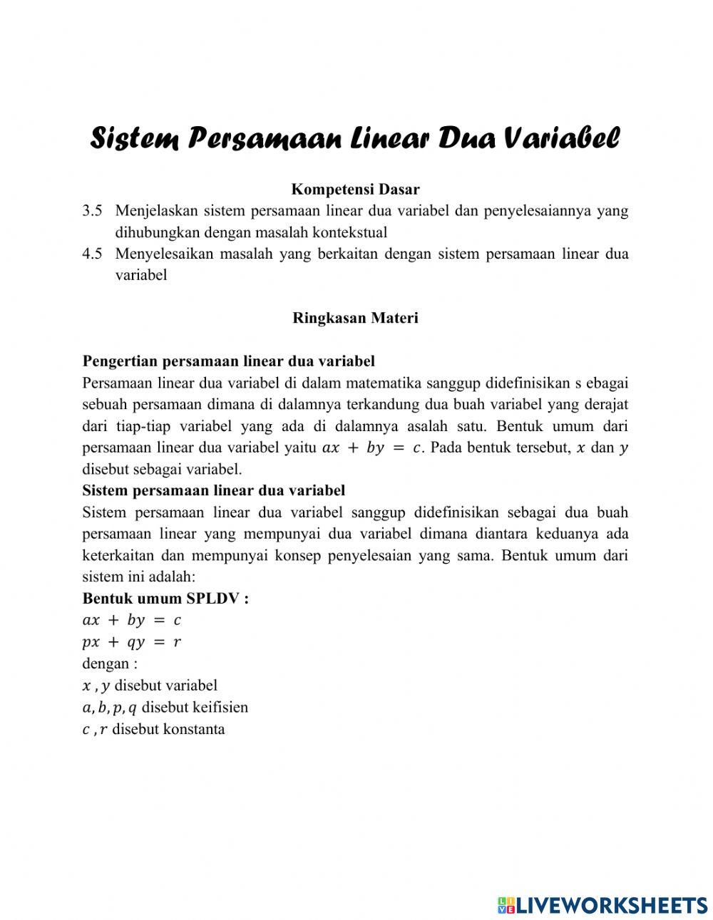 Sistem Persamaan Linear Dua Variabel