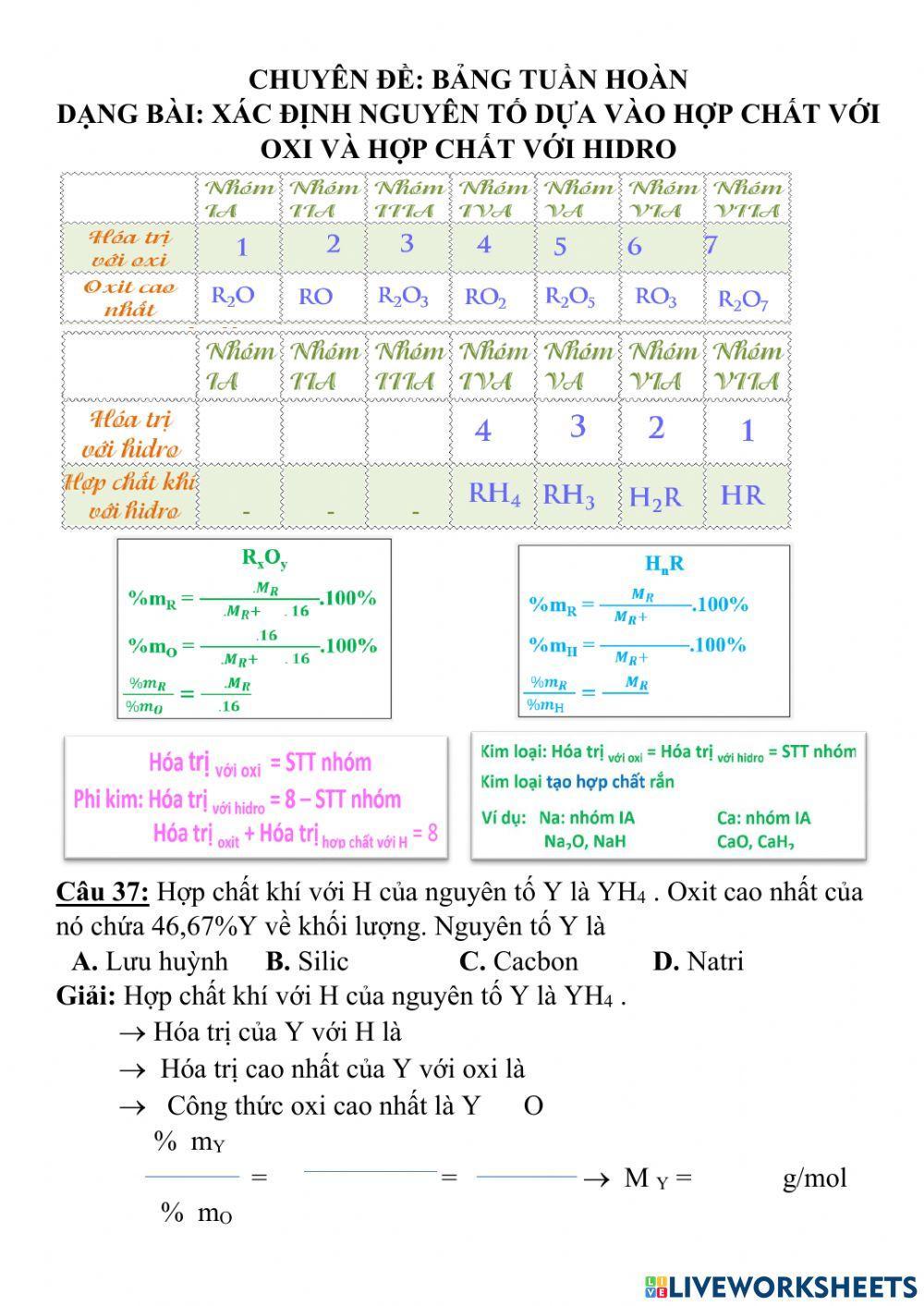 Xác định tên nguyên tố dựa vào hợp chất với oxi và hidro