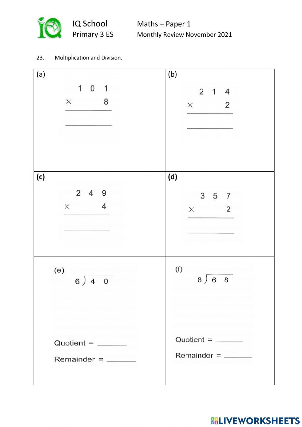 Maths Monthly Test- Express-Nov