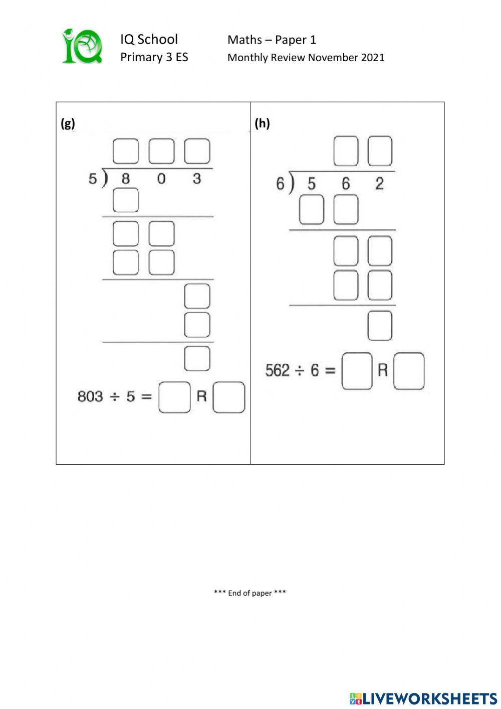 Maths Monthly Test- Express-Nov