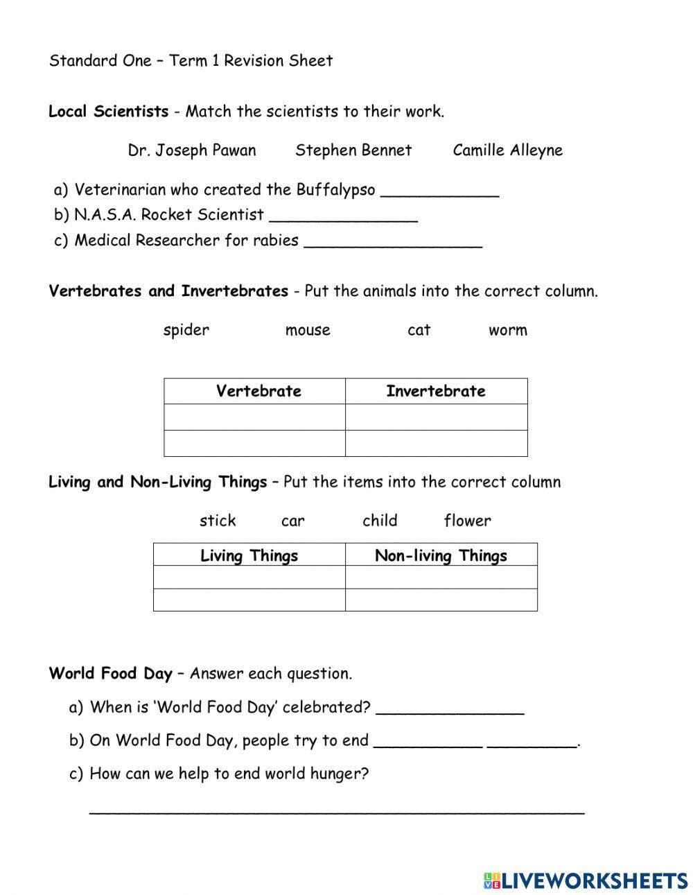 Science Revision Worksheet - Term 1
