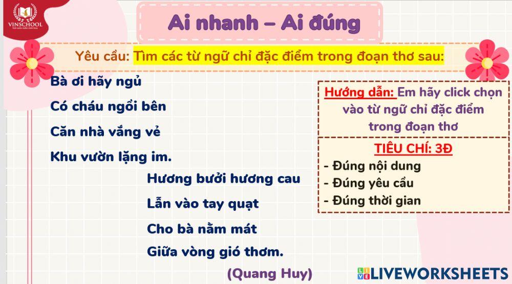 Tìm các từ ngữ chỉ đặc điểm trong đoạn thơ sau