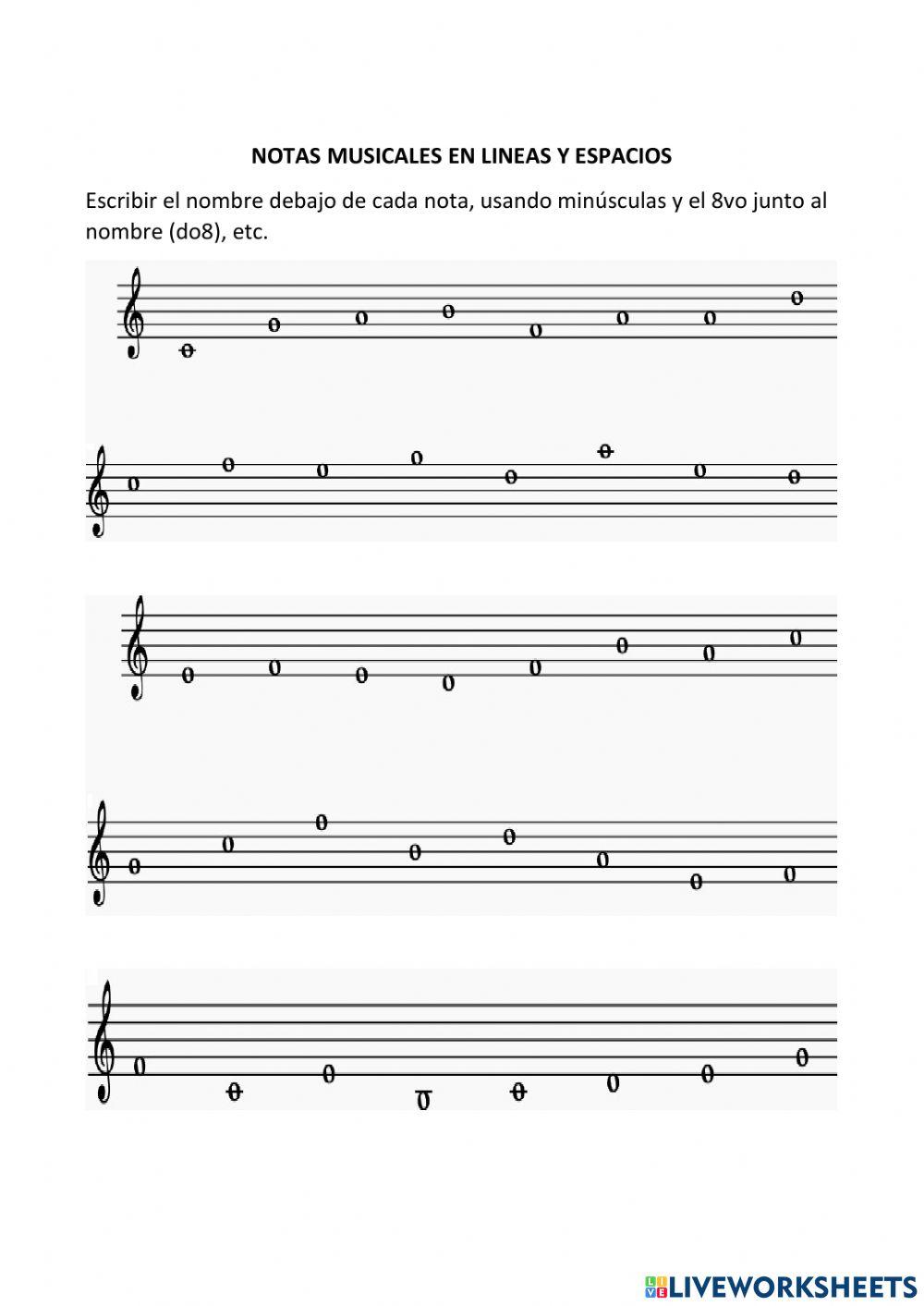 3 Notas musicales en líneas y espacios del pentagrama.