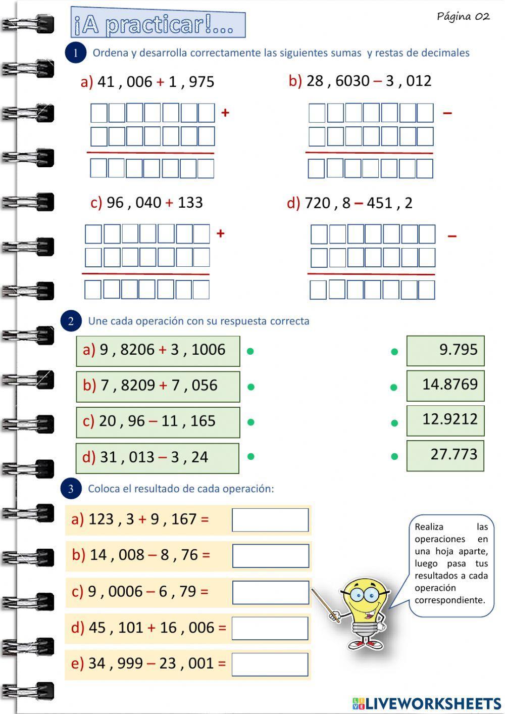Adición y sustracción de números decimales