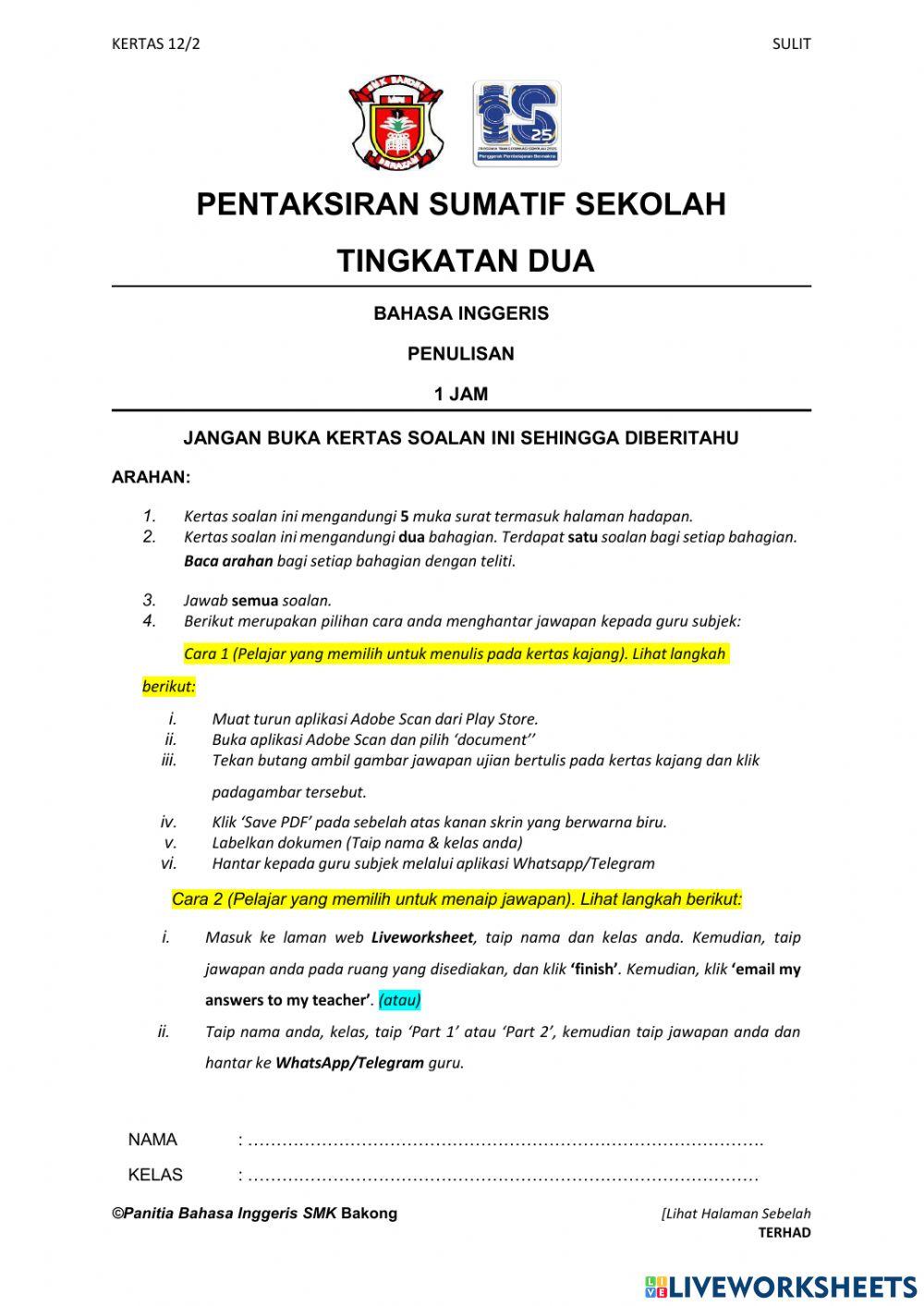 Paper 2 pentaksiran sumatif sekolah english form 2 2021