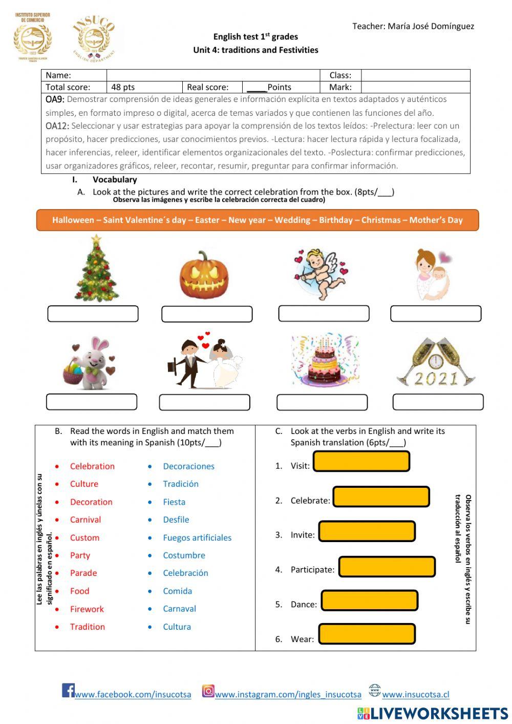 EVALUATION: UNIT 4 TRADITIONS AND FESTIVITIES