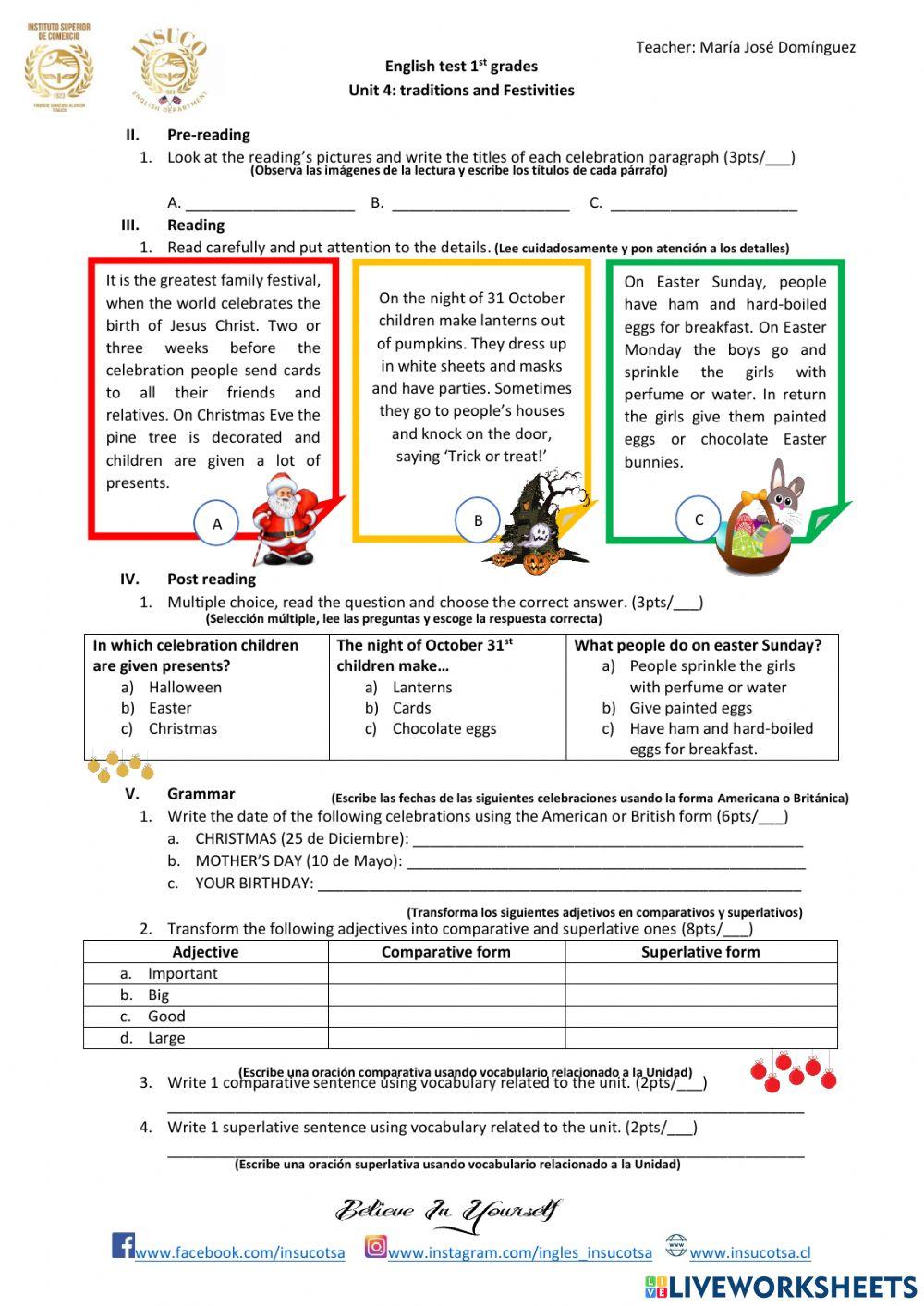 EVALUATION: UNIT 4 TRADITIONS AND FESTIVITIES
