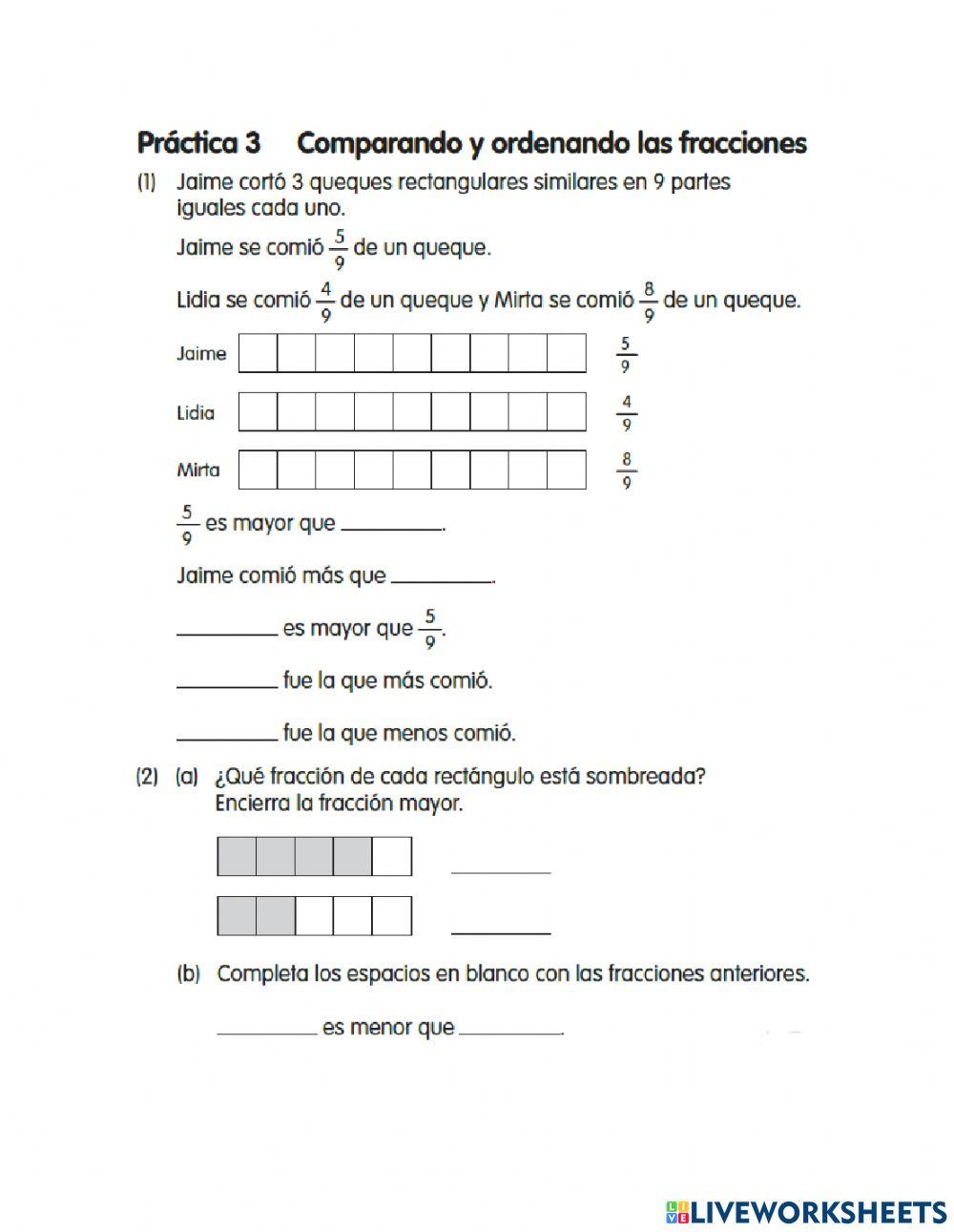Comparar de Fracciones y ordenarlas