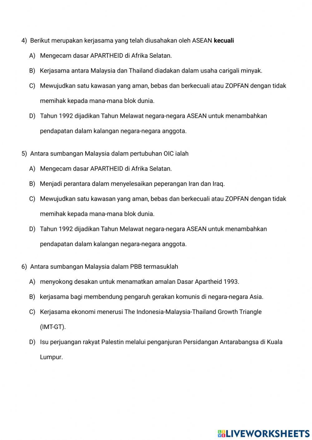 Kuiz Sejarah T6 Malaysia dan Dunia