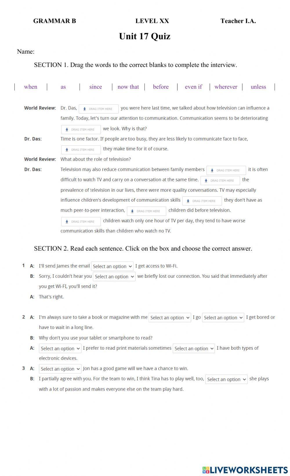 GRAMMAR B - UNIT 17 QUIZ: ADVERB CLAUSES