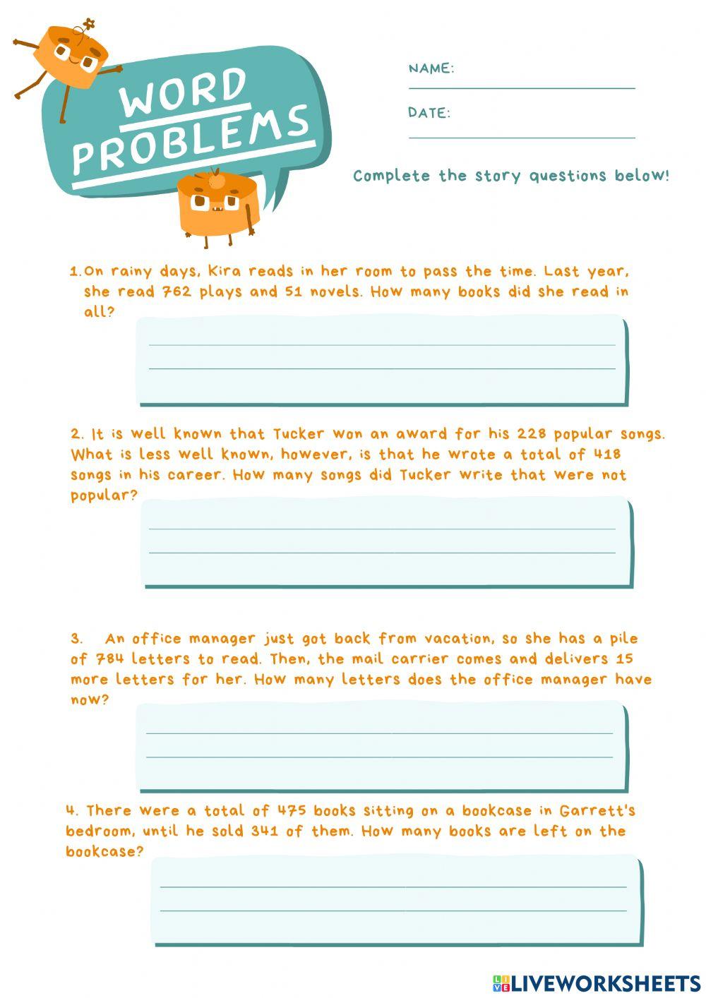 Add and subtract whole numbers: word problems worksheet | Live Worksheets