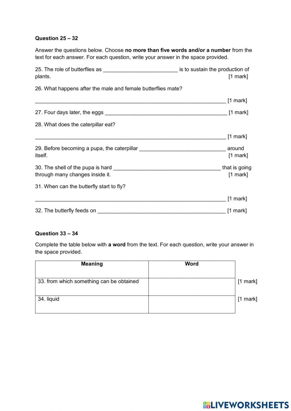 English language form 1 online exercise for live worksheets