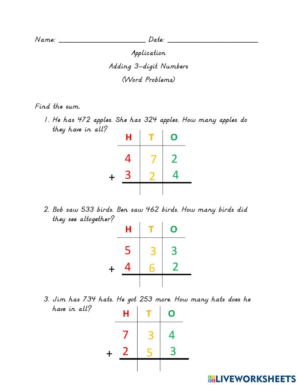 Adding 3-digit Numbers (Word Problems) 2