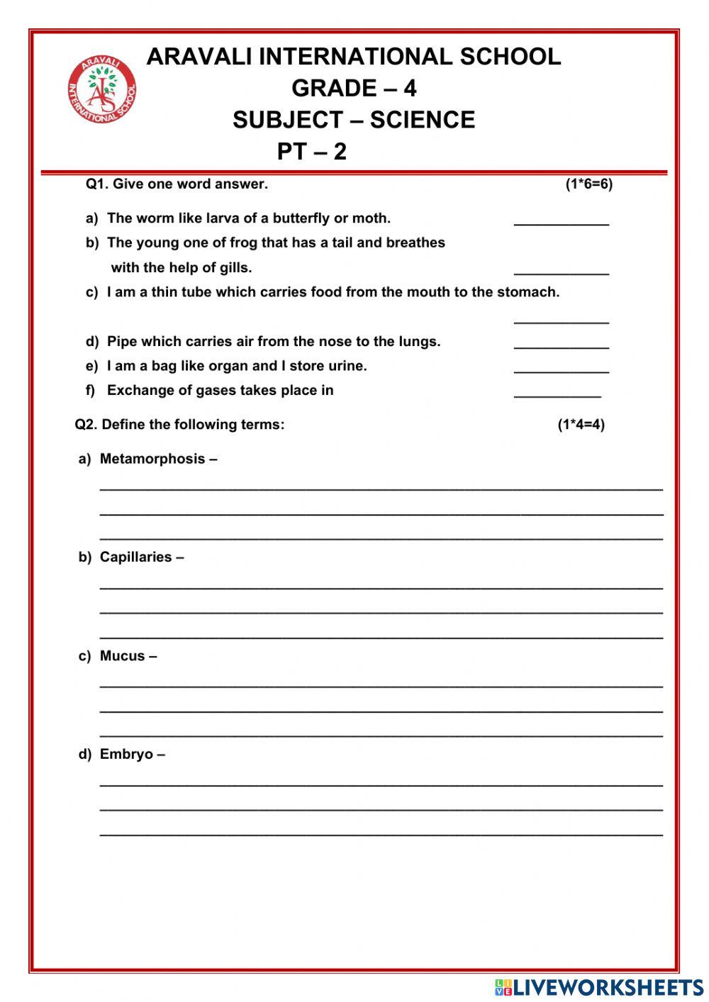 pt 2 test class 4 online exercise for Live Worksheets
