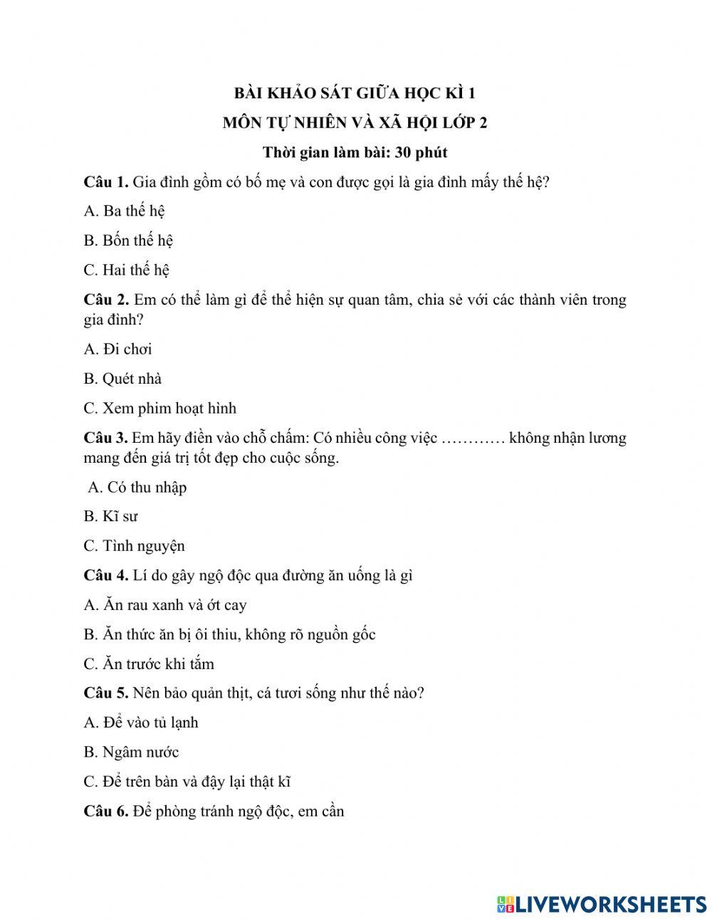 Kiểm tra giữa kỳ môn TNXH