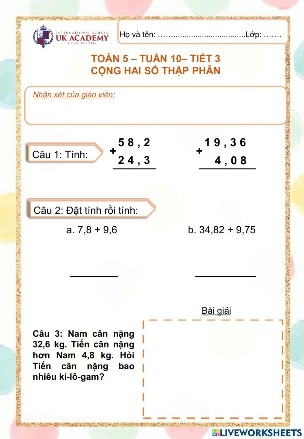 Toán 5 - Tuần 10 - Cộng hai số thập phân