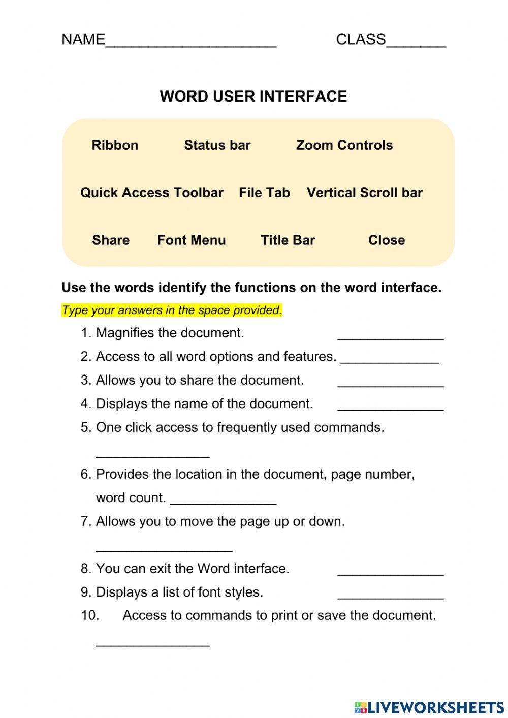 Word User Interface Worksheet Fill in the Blanks