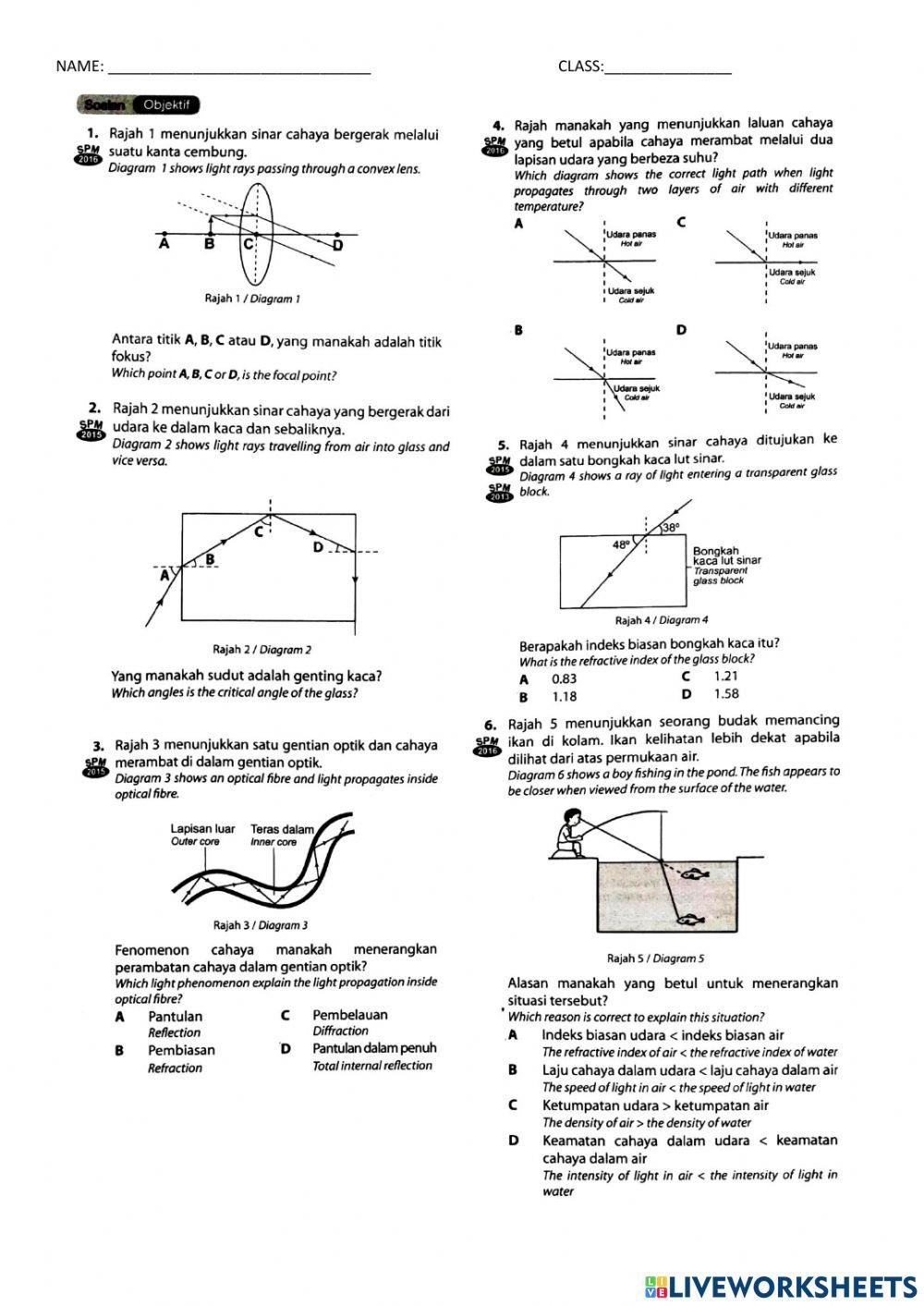 Pop Quiz : Chapter 6 Light and Optics online exercise for | Live Worksheets
