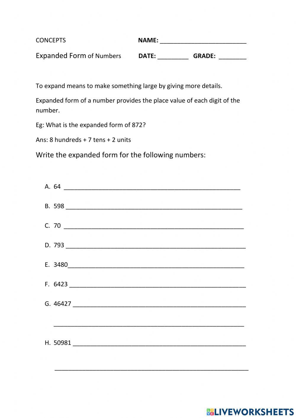 Expanded Form online pdf worksheet for Grade 3 | Live Worksheets