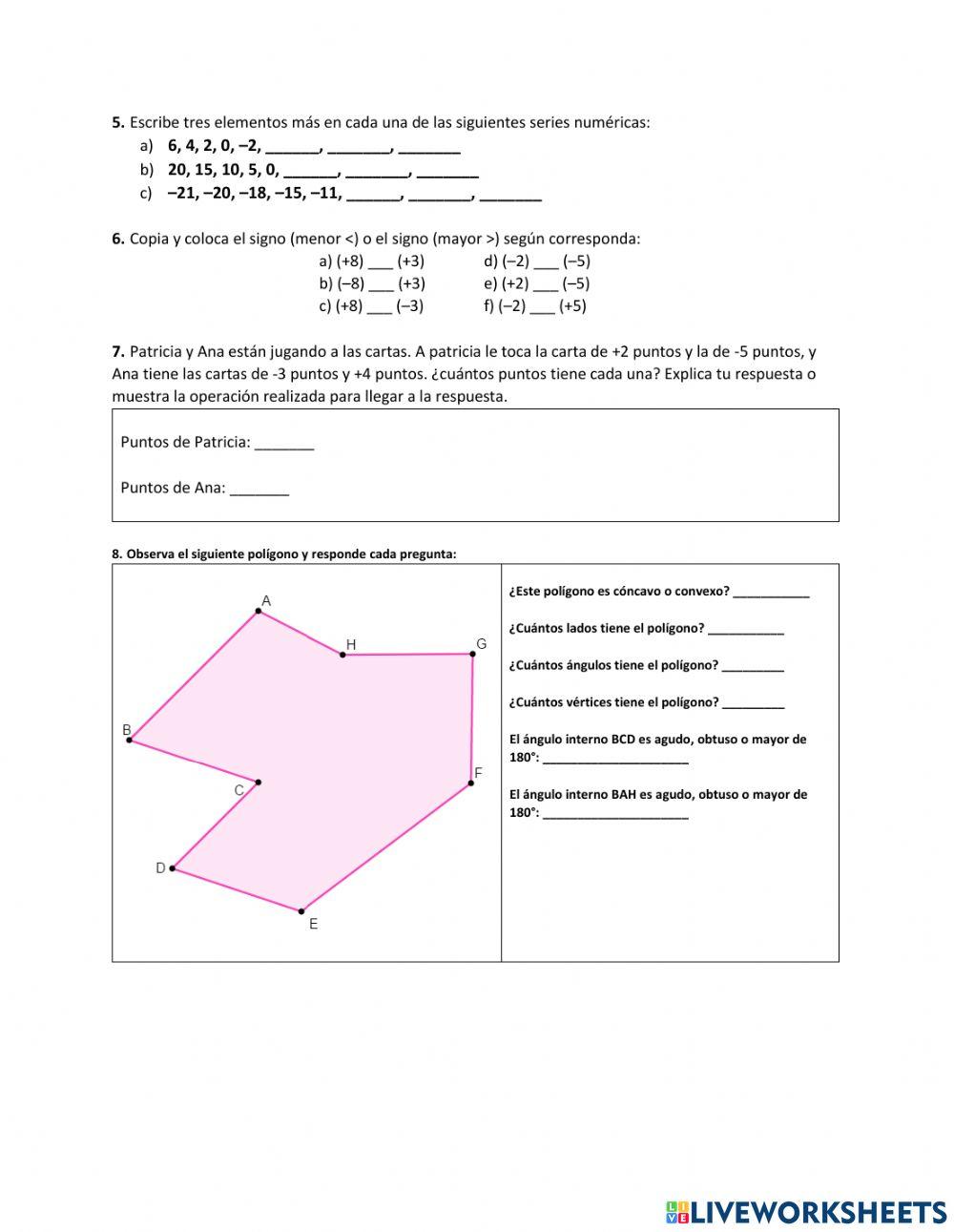 Evaluación de matemáticas números enteros