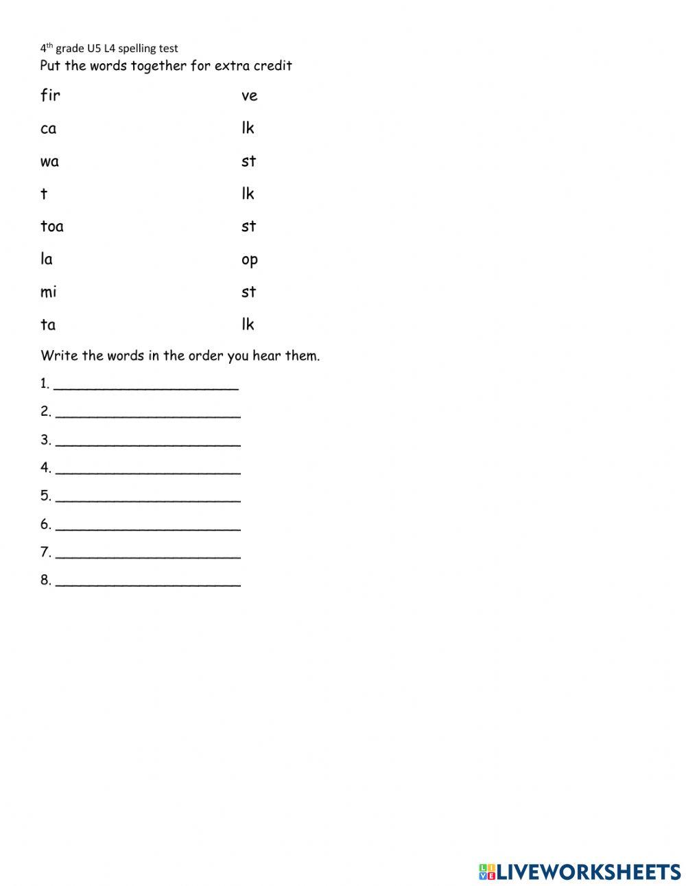4th G spelling quiz U5 L4