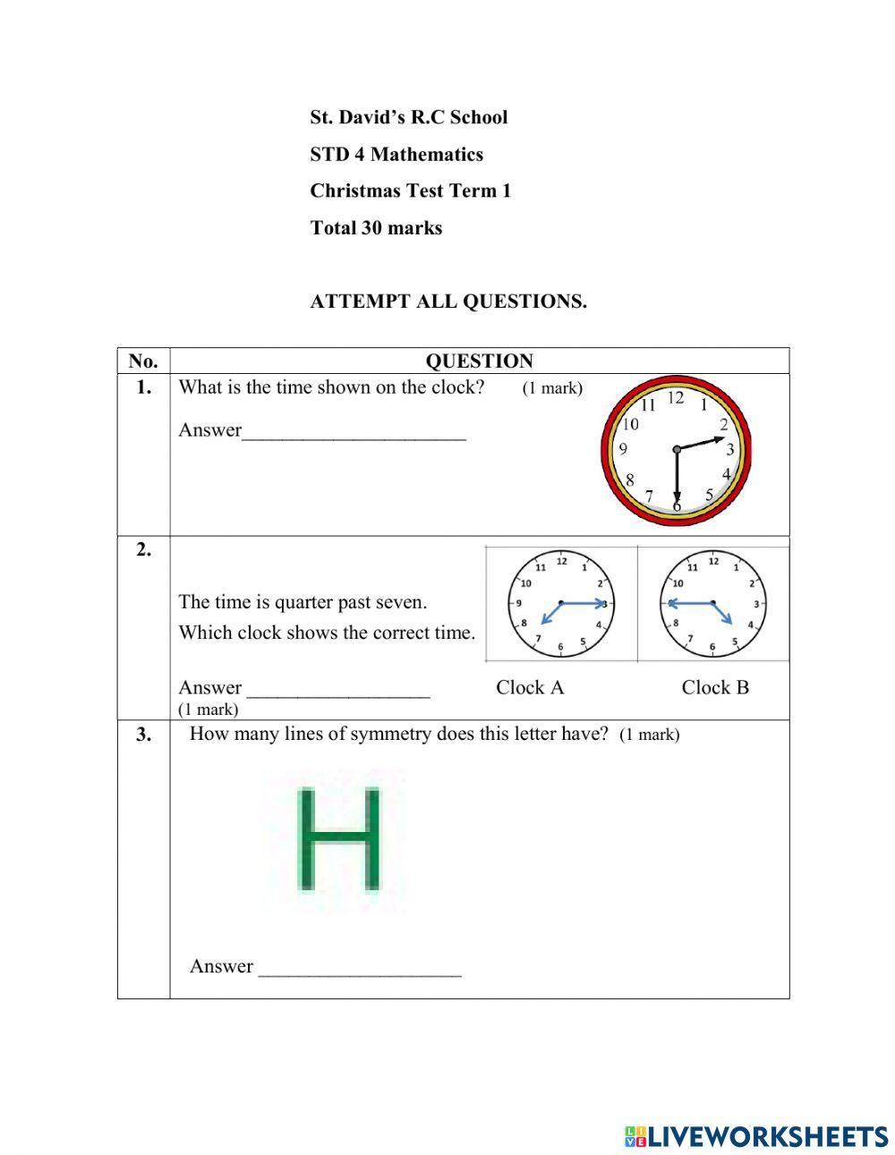 Christmas Mathematics Test