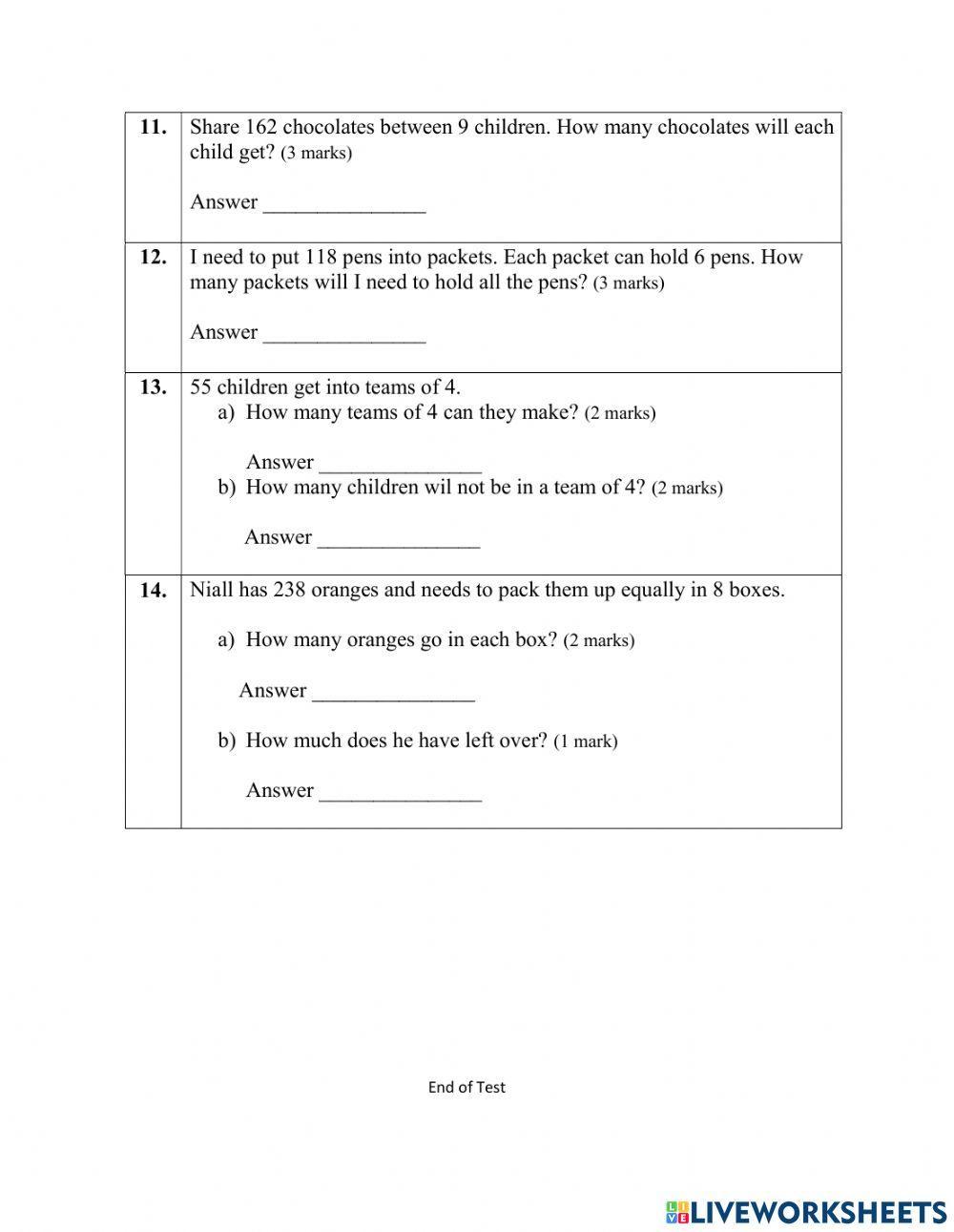 Christmas Mathematics Test