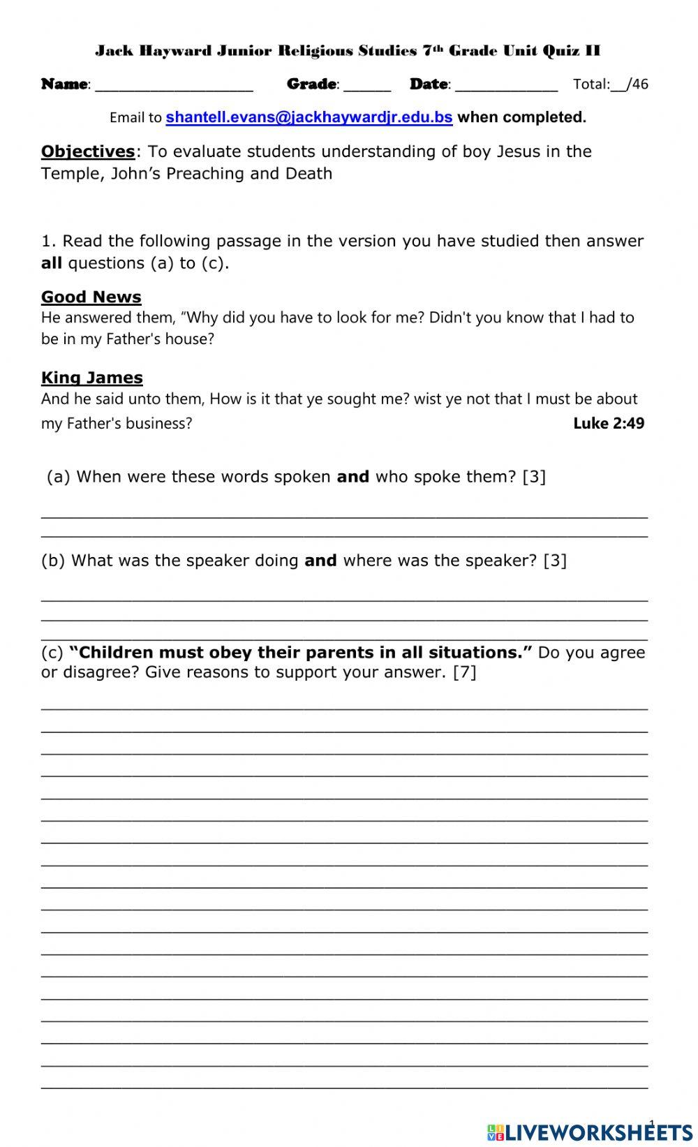 Unit Quiz II 7thGrade