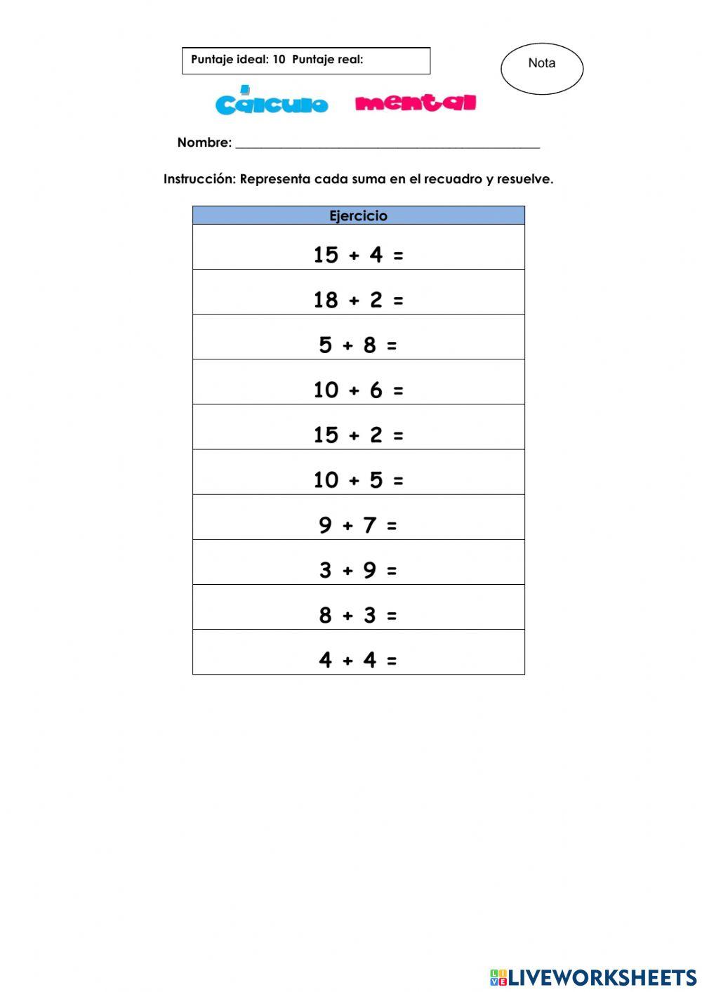 Calculo mental suma hasta el 20