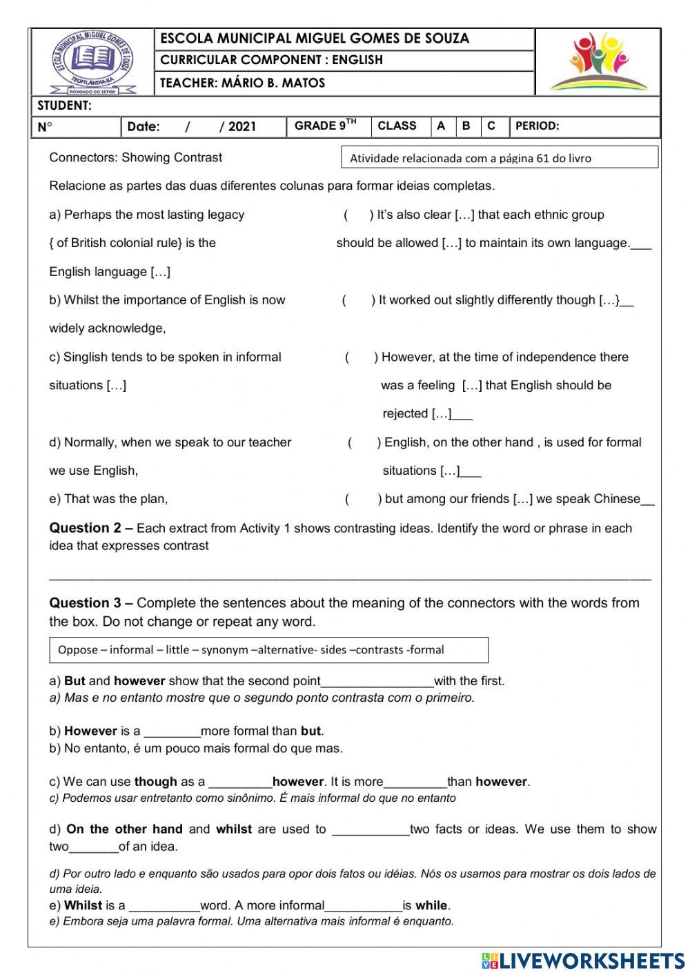 Showing contrast linking words worksheet Live Worksheets