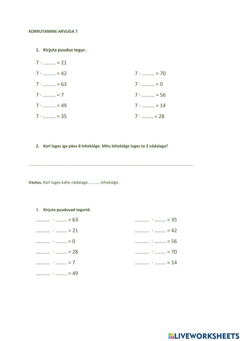Korrutamine arvuga 7, 2. tööleht, 3. klass
