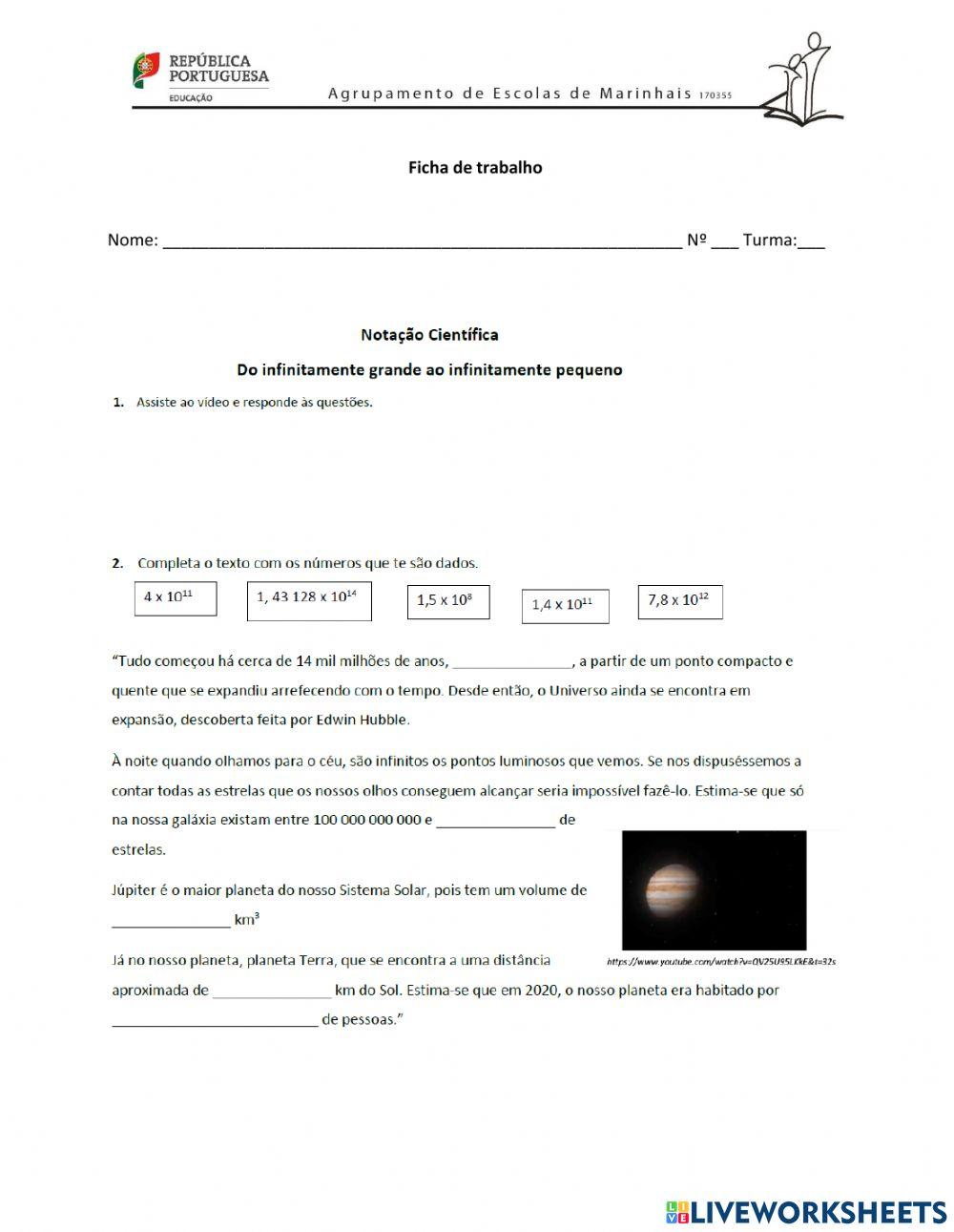 Ficha de trabalho de Notação Científica 7ºano