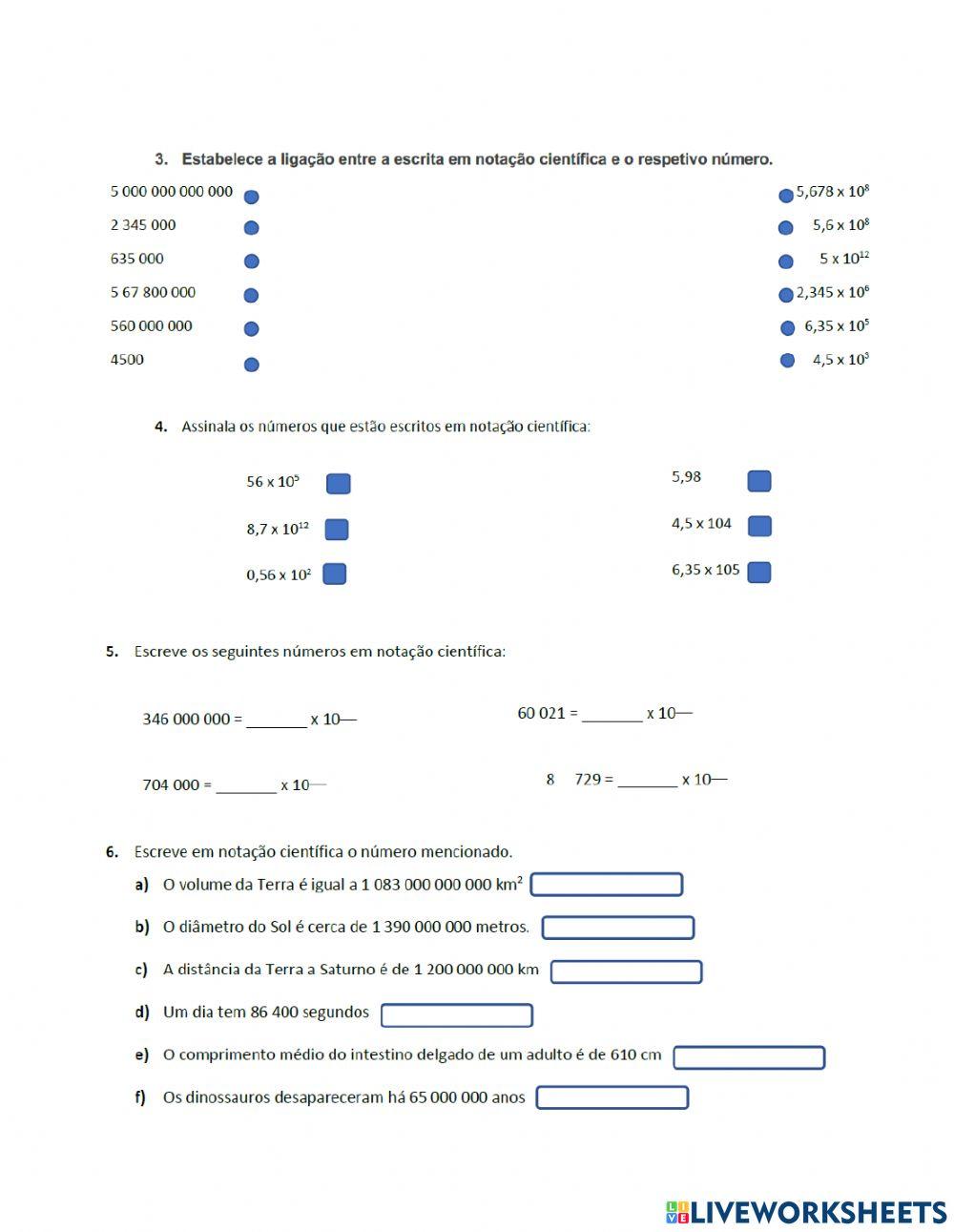 Ficha de trabalho de Notação Científica 7ºano