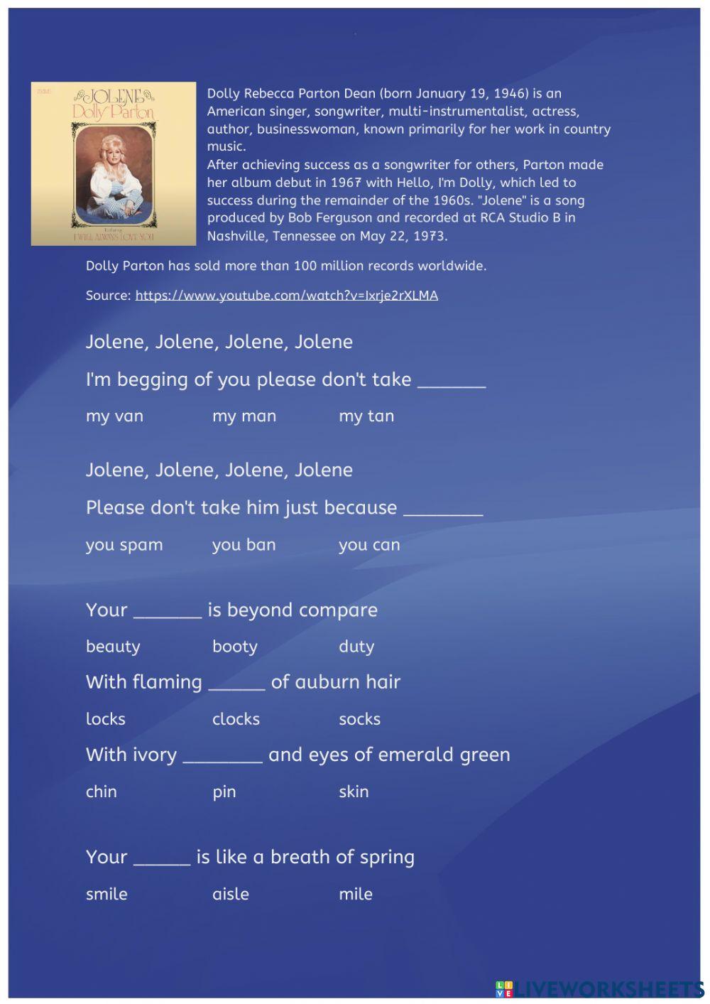 Song Quiz Dolly Parton Jolene 1793 worksheet Live Worksheets