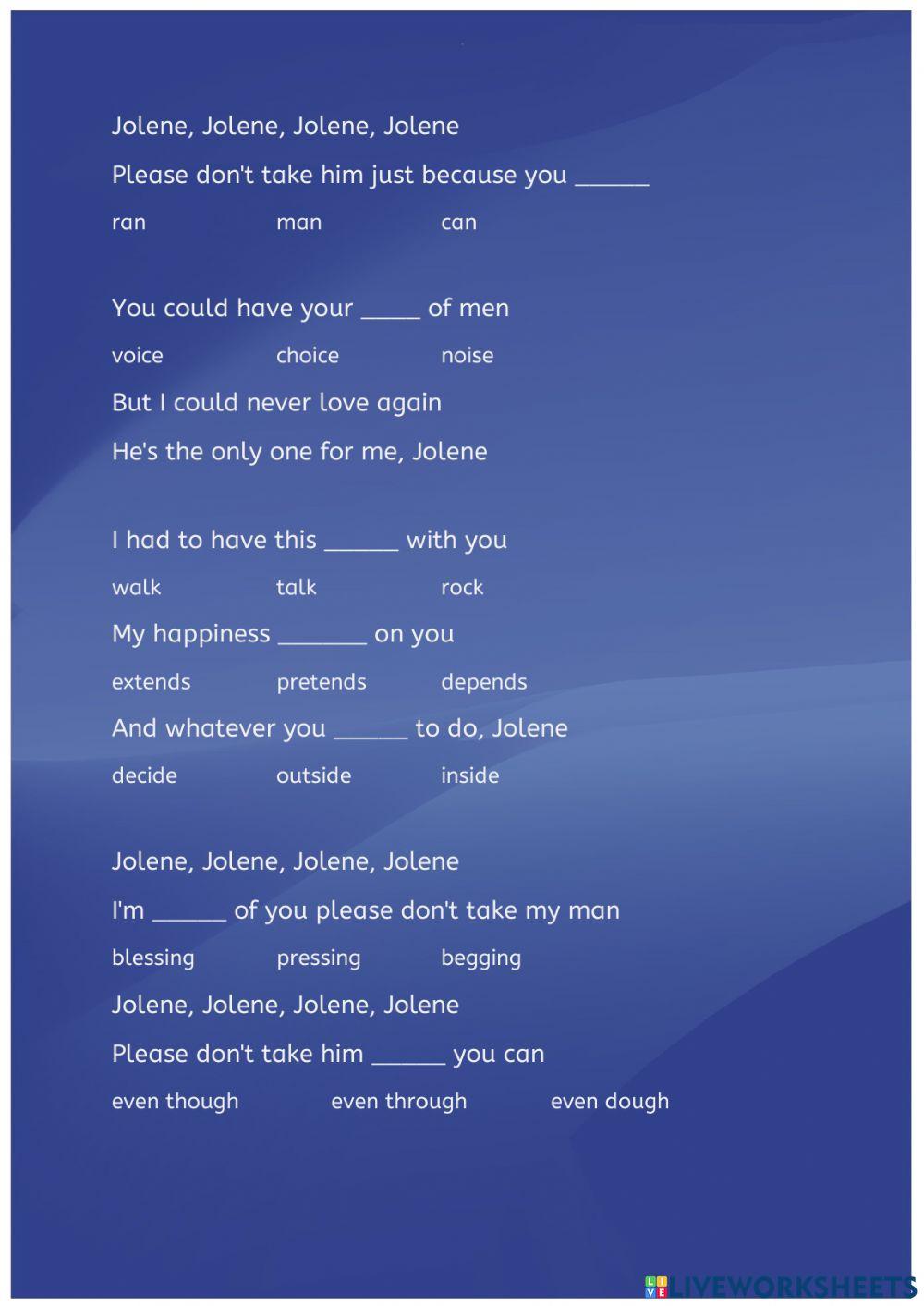 Song Quiz Dolly Parton Jolene 1793 worksheet Live Worksheets