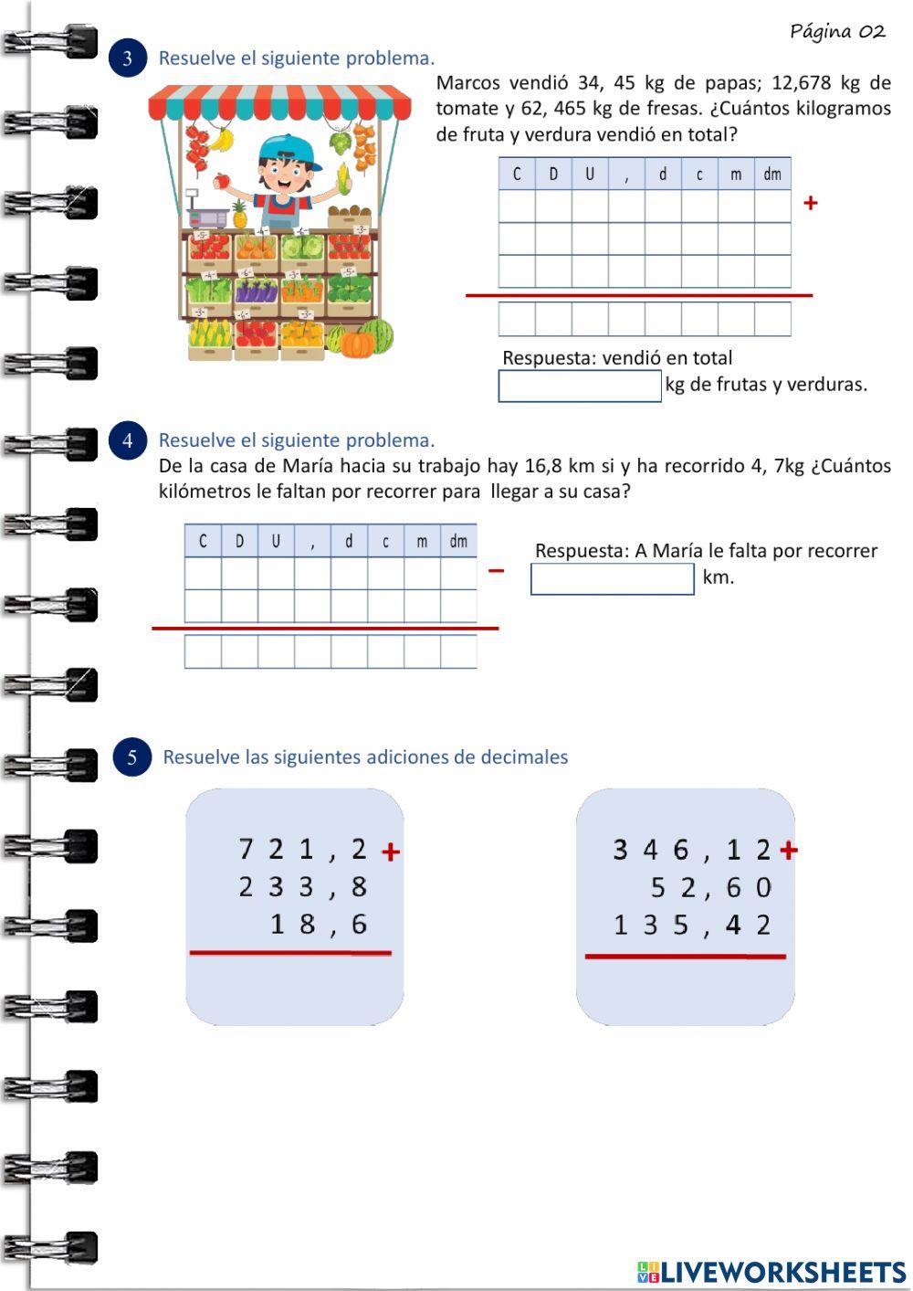 Practica de adición y sustracción de números decimales